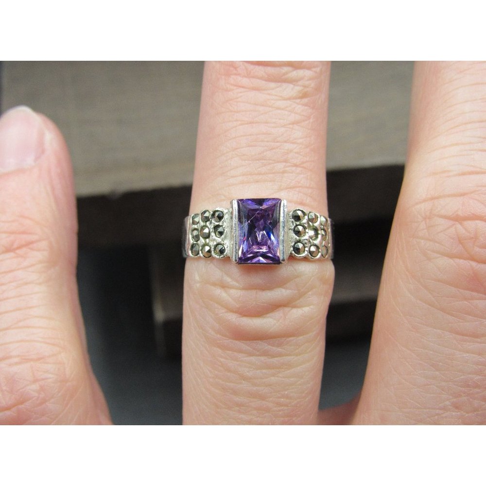 Size 6 Sterling Silver Purple Cubic Zirconia And Marcasite Accents Band Ring